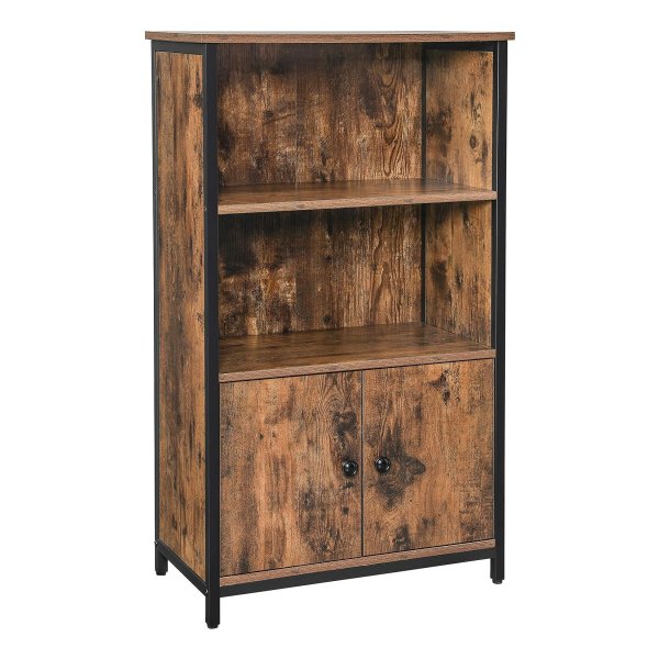 Boekenkast, Kantoorplank, Keukenkast met 2 open vakken, 1 vak met kastdeuren, multifunctioneel, Industrieel design, vintage bruin en zwart