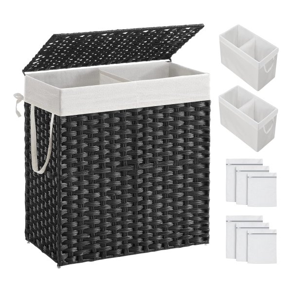 Dubbele wasmand, voor badkamer, 90 L, zwart