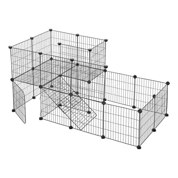 Hek voor huisdieren, 2 niveaus, modulair, voor kleine dieren, konijnen, cavia's, roosterplaten, voor binnen, zwart