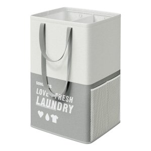 Grote wasmand, 90 L, wasmand met 2 compartimenten, vrijstaand opvouwbaar, dubbele handgrepen, voor wasgoed slaapkamer badkamer, lichtgrijs