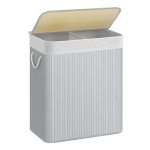Wasmand met deksel, wasverzamelaar 2 compartimenten, gemaakt van bamboe, wassorteerder, wasbox, waszak uitneembaar, katoenen handvaten, 100 liter, grijs