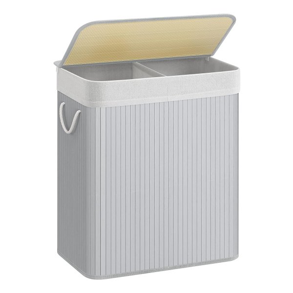 Wasmand met deksel, wasverzamelaar 2 compartimenten, gemaakt van bamboe, wassorteerder, wasbox, waszak uitneembaar, katoenen handvaten, 100 liter, grijs