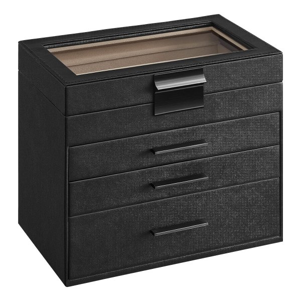 Sieradendoos met glazen deksel, 4 laags sieradenorganizer, 3 laden, voor zonnebrillen, grote sieraden, sieradenopslag, moderne stijl, grafietzwart en zilver