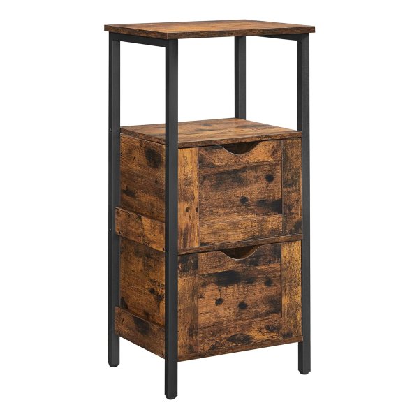 Bijzettafel, nachtkastje, met 2 laden en open vak, ladekast, voor slaapkamer, woonkamer, badkamer, rustiek bruin en zwart
