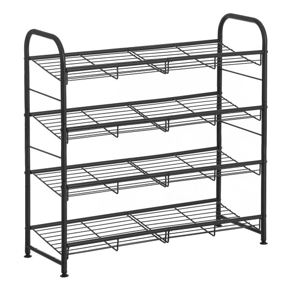Schoenenkast met 4 niveaus, stapelbaar, tot 16 paar, van metaal, voor hoge hakken, sneakers, pantoffels, in de ingang, zwart