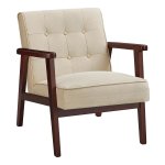 Vrijetijdsstoel met massief houten armleuning en voeten, moderne fauteuil uit het midden van de eeuw, gestoffeerde loungestoel, voor woonkamer slaapkamer studio, beige