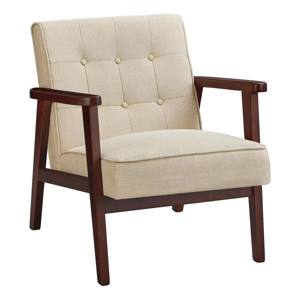 Vrijetijdsstoel met massief houten armleuning en voeten, moderne fauteuil uit het midden van de eeuw, gestoffeerde loungestoel, voor woonkamer slaapkamer studio, beige