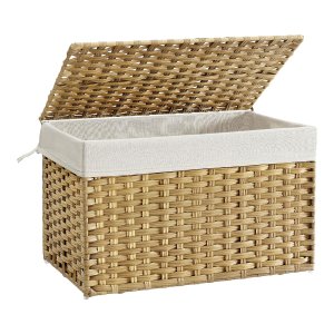 Opbergmand, 105L Vuilwasmand met Deksel, Opvouwbaar, Verwijderbare Stoffen Zakken en Handvatten, voor Dekens, Kleding, Woonkamer, Slaapkamer, Wasserij, Houten Kleur