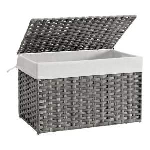 Opbergmand, vuile wasmand, 105 L, met deksel, opvouwbaar, afneembare stoffen zakken en handgrepen, voor dekens, kleding, woonkamer, slaapkamer, wasruimte, grijs