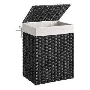 Wasmand handgeweven, synthetische rotan wasmand, met deksel en handvatten, opvouwbare, afneembare waszak, 90 L, zwart