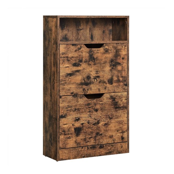 Schoenenkast met 2 kleppen, schoenenrek met 3 niveaus, met 1 open vak, melaminecoating, gemakkelijk te reinigen, rustiek bruin