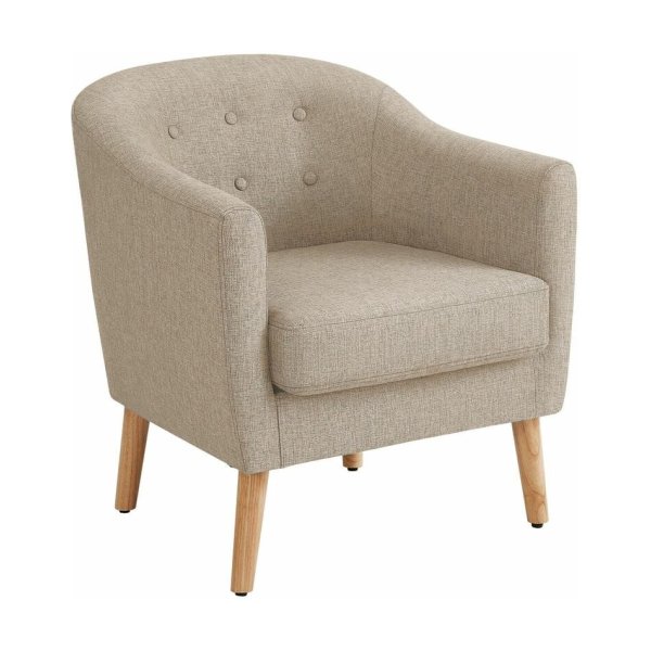 Fauteuil, stoel met stoffen accent, zitting met gewatteerde zitting, massief houten poten, voor woonkamer, eetkamer, logeerkamer, kantoor, beige door
