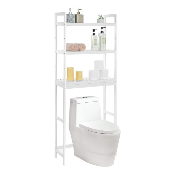 Toiletmeubel, toiletruimte, 3 niveaus bamboe opbergrek, badkamerorganizer, wit, BTS01WT