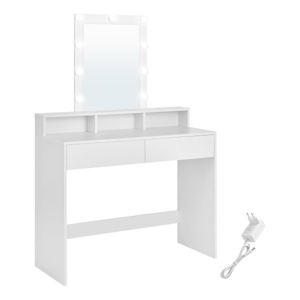 Kaptafel, make up tafel, kaptafel met LED, met spiegel, 2 laden, 3 open vakken, cosmeticatafel 100cm breed, modern, wit
