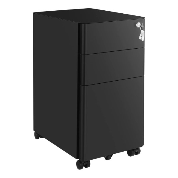 Rolcontainer, archiefkast, kantoorkast met wieltjes en slot, voor documenten in DIN A4, legal en briefformaat, hangmap, zwart