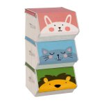 Opbergdozen, Set van 3, opvouwbare, stoffen opbergdozen, met handgrepen, Speelgoedorganizer, Magnetische deksels, voor kinderkamer, Speelkamer, Dierenthema's, Roze en Blauw en Groen en Grijs