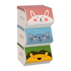 Opbergdozen, Set van 3, opvouwbare, stoffen opbergdozen, met handgrepen, Speelgoedorganizer, Magnetische deksels, voor kinderkamer, Speelkamer, Dierenthema's, Roze en Blauw en Groen en Grijs