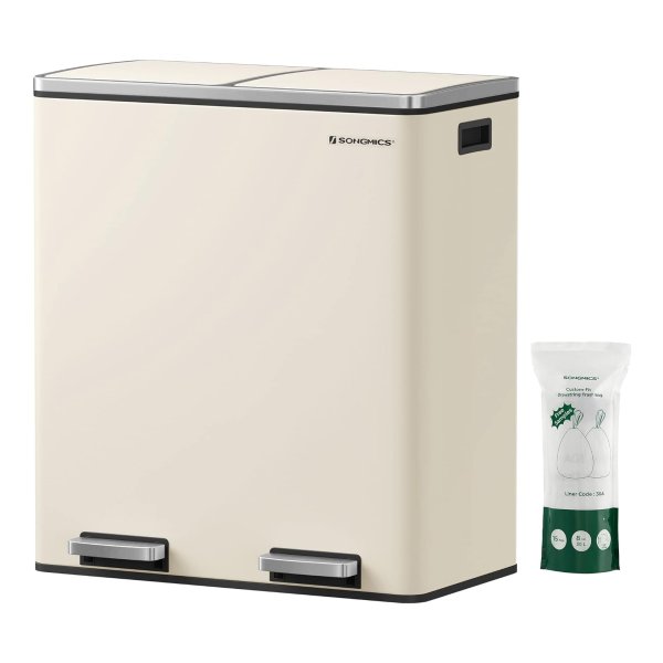 Prullenbak, 2 x 8 gallon keukenprullenbak, wordt geleverd met 15 bakken, 2 compartimenten, plastic binnenbak en scharnierend deksel, luchtdicht, amandelkleur