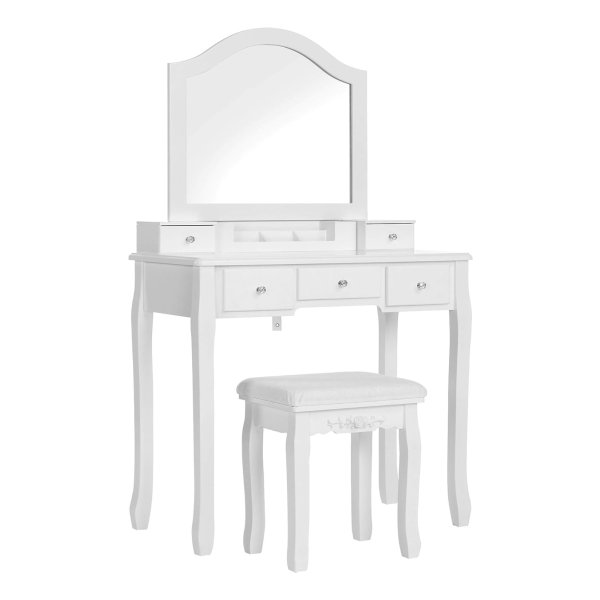 Make-up tafelset, kaptafel, met spiegel, gevoerde kruk, 5 laden, uittrekbare sieradenplank met 6 vakken, cadeau idee, voor slaapkamer, wit