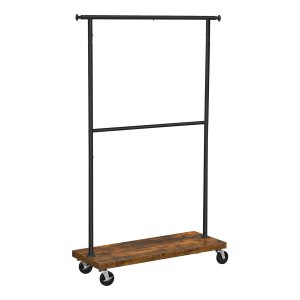 Kledinghanger op wielen, hanger met stevige poten, 2 kledinghangers, uitschuifbaar, met planken, industrieel design, vintage bruin en zwart