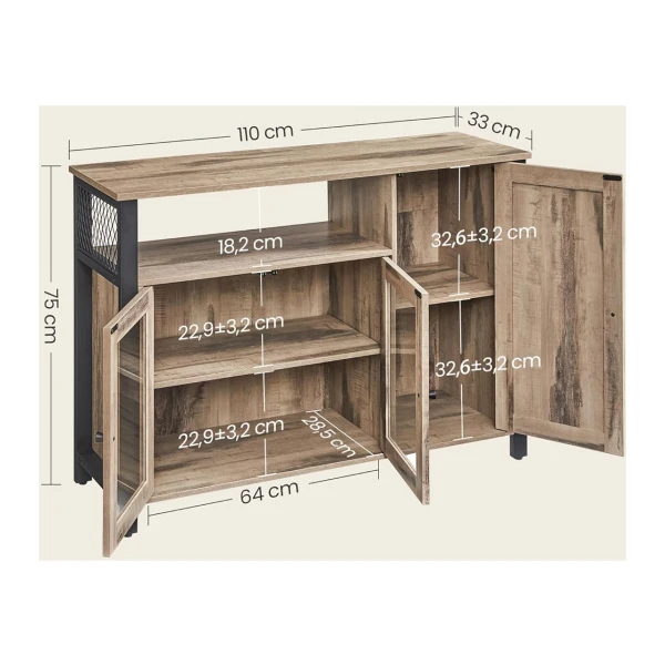 Vasagle Dressoir, Keukenkast, Opbergkast, Met 3 Deuren, Voor Woonkamer Keuken Eetkamer 110 X 33 X 75 Cm Industriele Stijl Vintage Bruinzwart Lsc096b01