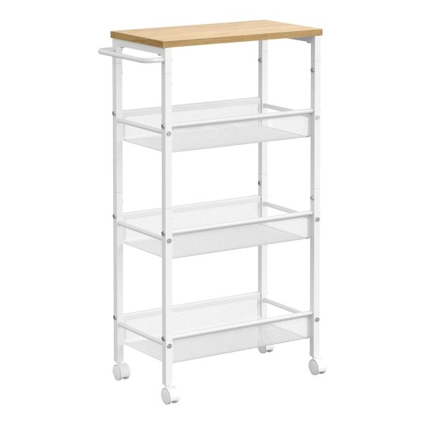 Trolley 4 niveaus, keukenwagen smal, nisplank op wielen, staal, handgreep, voor kleine ruimtes, keuken, badkamer, woonkamer, werkkamer, eiken wit