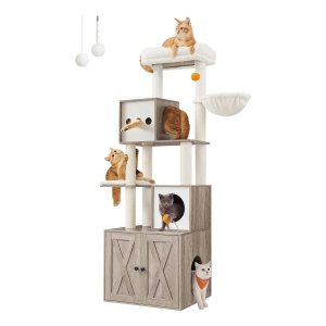 Krabpaal, kattenboom met kattenbak, 185 cm hoog, krabpaal platform, wasbaar kussen, ‎grijsbeige
