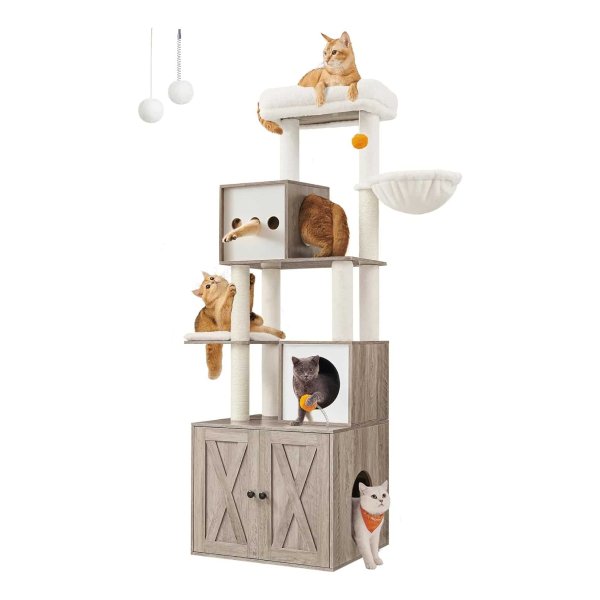 Krabpaal, kattenboom met kattenbak, 185 cm hoog, krabpaal platform, wasbaar kussen, ‎grijsbeige