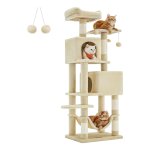 Krabpaal, 155 cm hoog, met 5 krabpalen, 2 platforms, 2 kattenholen, hangmat, 2 pluche ballen, pluche, ontwerp met meerdere niveaus, beige