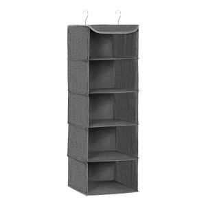 Hangende organizer, kastorganizer, hangende plank, hangende opslag, opvouwbaar en ruimtebesparend, metalen haken en bamboe inzetstukken, linnenachtige textuur, grijs