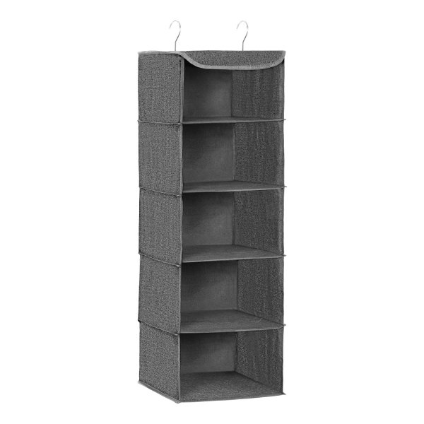 Hangende organizer, kastorganizer, hangende plank, hangende opslag, opvouwbaar en ruimtebesparend, metalen haken en bamboe inzetstukken, linnenachtige textuur, grijs