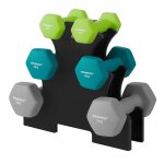 Halters, Halterset, Zeshoek, met halterstandaard, Vinyl coating, Krachttraining, ‎limoengroen en aquamarijn en lichtgrijs