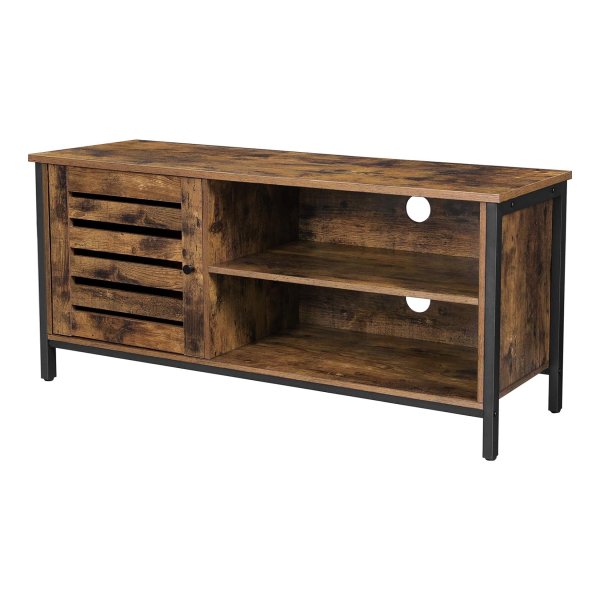 TV meubel, voor tv's tot 50 inch, tv console, tv standaard, kast met lamellendeur, 2 planken, woonkamer, slaapkamer, industrieel, rustiek bruin en zwart