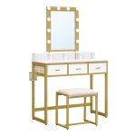 Toilettafel met verlichting, kaptafel met kruk, cosmeticatafel, 10 led gloeilampen, spiegel, instelbare helderheid, voor slaapkamer, modern, wit en goudkleurig