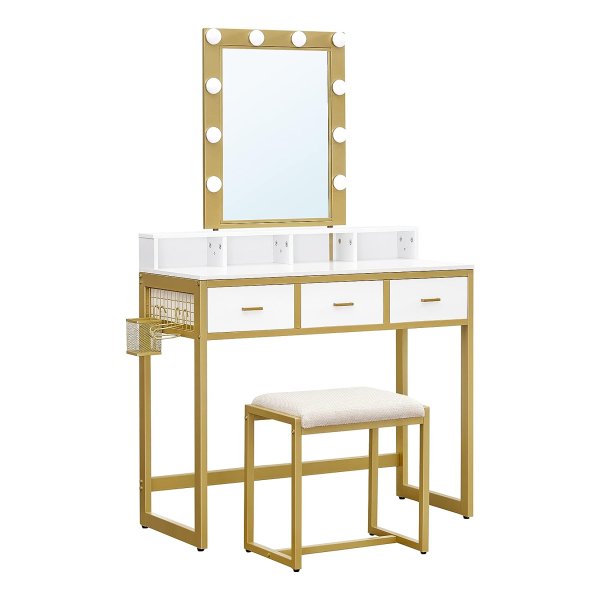 Toilettafel met verlichting, kaptafel met kruk, cosmeticatafel, 10 led gloeilampen, spiegel, instelbare helderheid, voor slaapkamer, modern, wit en goudkleurig