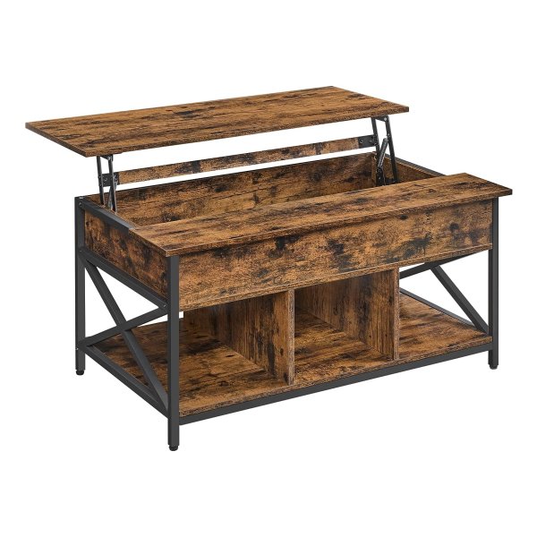 Salontafel, in hoogte verstelbare salontafel, open en verborgen opbergruimte, X beugels, vintage bruin en zwart