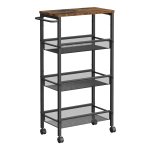 Trolley 4 niveaus, keukenwagen smal, nisplank op wielen, staal, handgreep, voor kleine ruimtes, keuken, badkamer, woonkamer, studeerkamer, vintage bruin en zwart