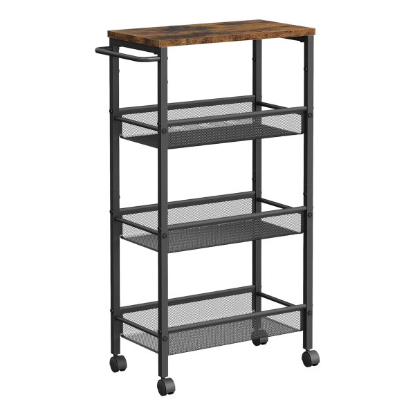 Trolley 4 niveaus, keukenwagen smal, nisplank op wielen, staal, handgreep, voor kleine ruimtes, keuken, badkamer, woonkamer, studeerkamer, vintage bruin en zwart