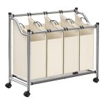 Wasmand, wasverzamelaar, wassorteerder met 4 uitneembare stoffen zakken, wielen, waswagen, opbergruimte voor speelgoed, 4 x 35 liter, beige