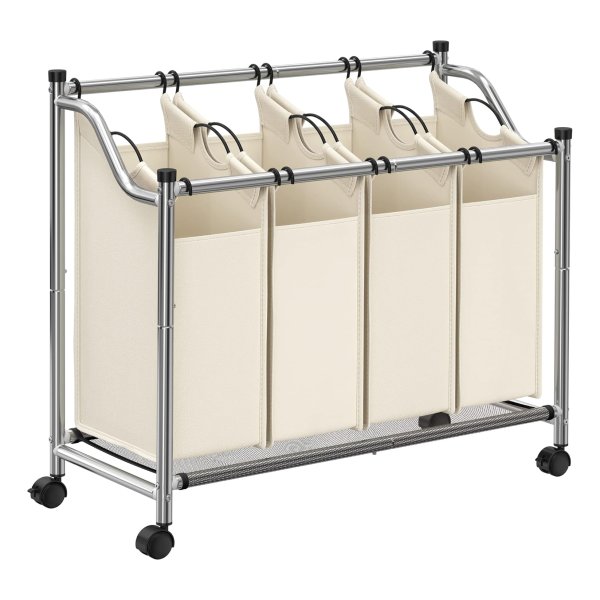 Wasmand, wasverzamelaar, wassorteerder met 4 uitneembare stoffen zakken, wielen, waswagen, opbergruimte voor speelgoed, 4 x 35 liter, beige