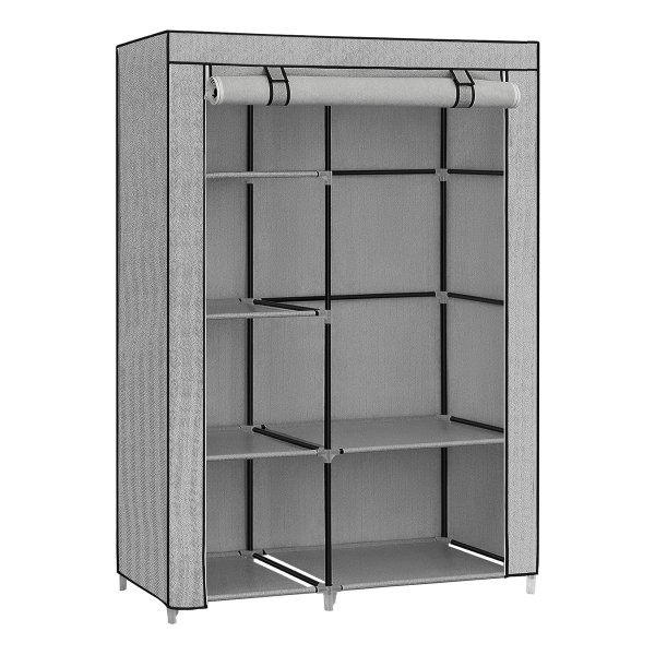 Kledingkast, kapstok, met 1 kledingstang, 6 legplanken, vliesstof, metalen frame, voor slaapkamer, hal, grijs met visgraatmotief