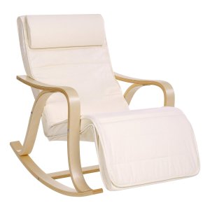 Schommelstoel van berkenhout, schommelstoel, 5 voudig verstelbare voetensteun, bekleding van katoen, belastbaar tot 150 kg, woonkamer, slaapkamer, beige