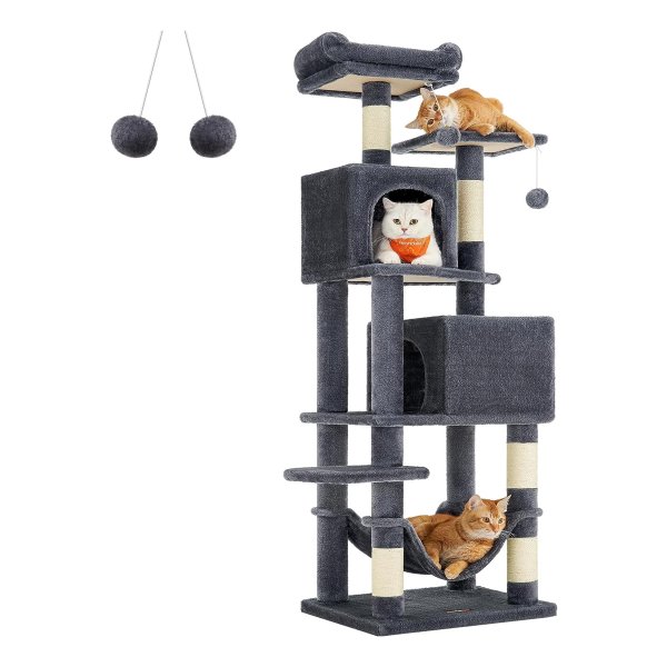 Krabpaal, 155 cm hoog, kattenboom met 5 krabzuilen, 2 platforms, 2 kattenholletjes, hangmat, 2 pluche ballen, pluche, design met meerdere verdiepingen, rookgrijs