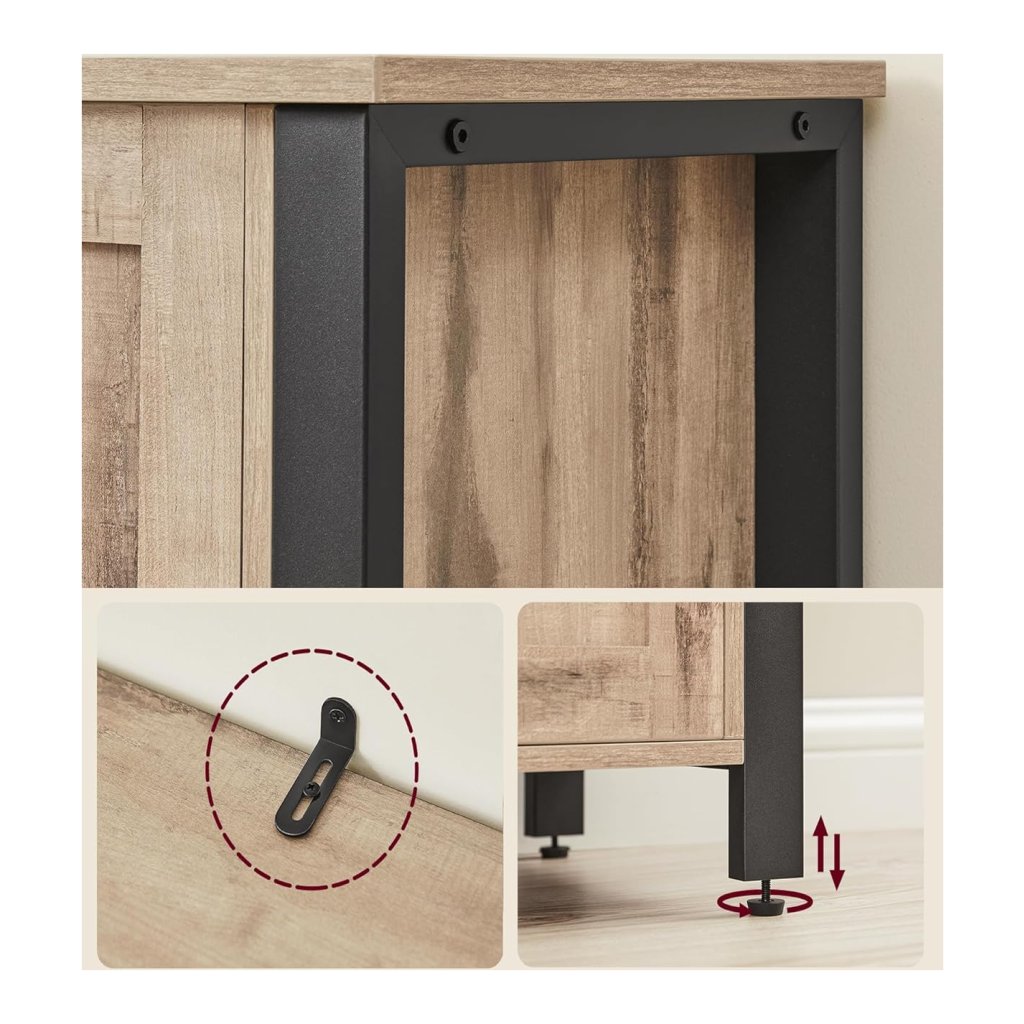 VASAGLE LSC096B50 Buffetkast met 3 deuren voor eetkamer, woonkamer, keuken, 33 x 110 x 75 cm, industriële stijl, camelbruin en inktzwart