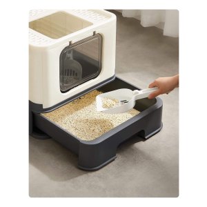 Kattenbak, kattentoilet, met deksel, uittrekbaar dienblad, schep, borstel, ruim voor katten tot 15 kg, minder sporen, lekvrije bodem, beige en zwart
