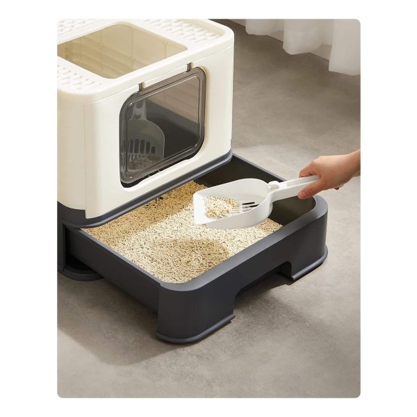 Kattenbak, kattentoilet, met deksel, uittrekbaar dienblad, schep, borstel, ruim voor katten tot 15 kg, minder sporen, lekvrije bodem, beige en zwart