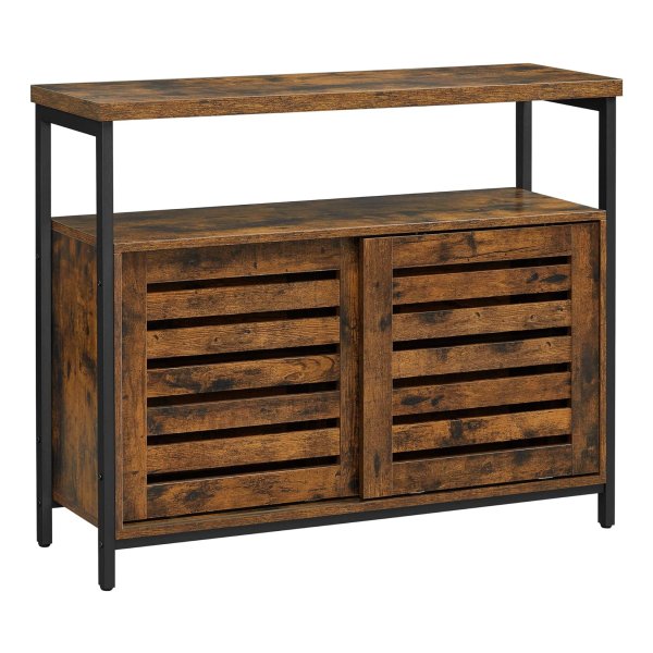 Opbergkast, dressoir, kast, met schuifdeuren, voor woonkamer, keuken, eetkamer, stalen frame, industriële stijl, rustiek bruin en zwart