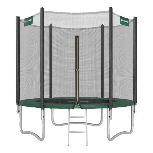 Trampoline 8 ft, 244 cm diameter kindertrampoline met afdeknet, veiligheidspad, ladder, 180 cm hoge rechte paal, stalen frame, TÜV Rheinland GS certificaat, donkergroen