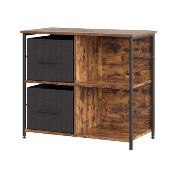 Archiefkast, kantoorkast met 2 stoffen laden, eenvoudige montage, open planken, voor documenten in A4 formaat, letterformaat, thuiskantoor, vintage bruin en inktzwart