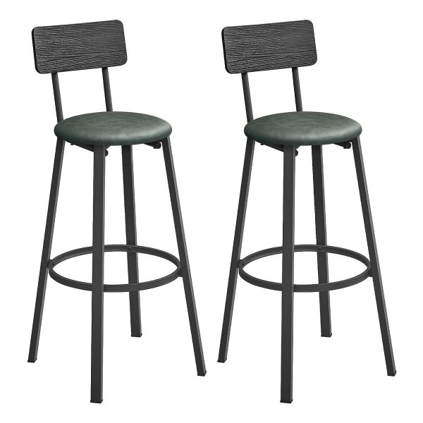 Barkruk, set van 2, keukenstoel, gevoerd, PU, voetensteun, eenvoudige montage, industrieel, eetkamer, keuken, klassiek zwart en bosgroen